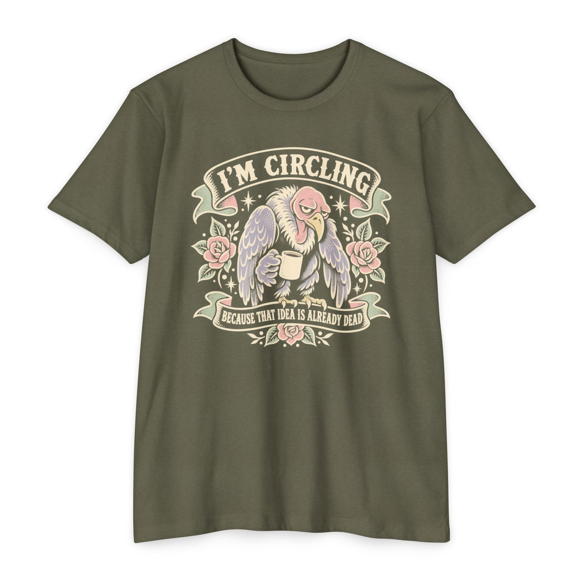 Olive green vulture graphic T-shirt with winged face and “I’m circling” text