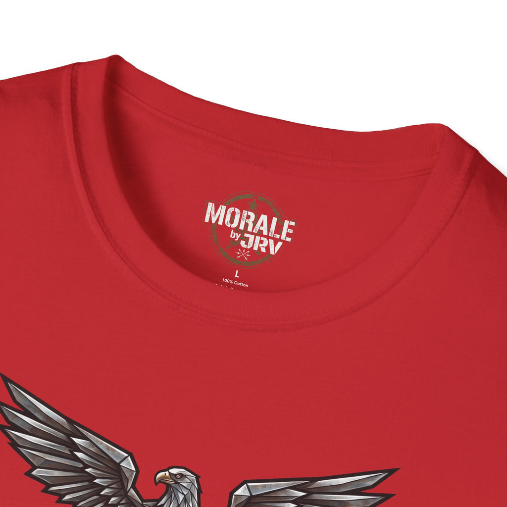 Red T-shirt back collar logo print with eagle graphic at lower hem