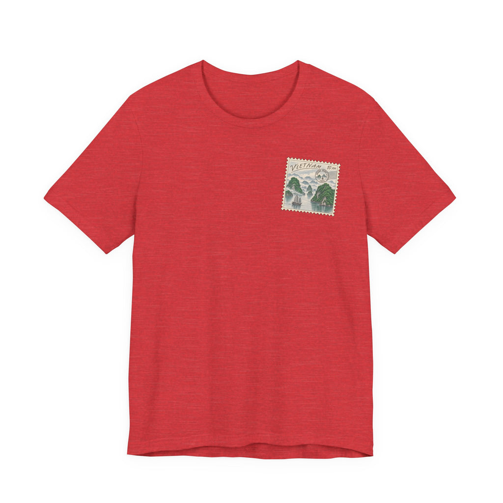 Red short-sleeve T-shirt with small postage-stamp style graphic on the chest