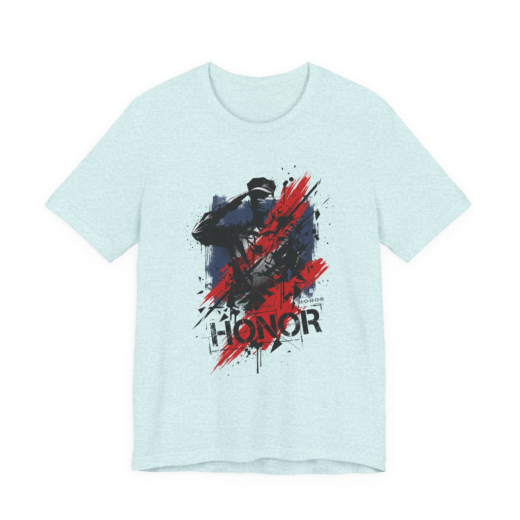 Light aqua t-shirt with 'HONOR' soldier graphic in red, white, and blue