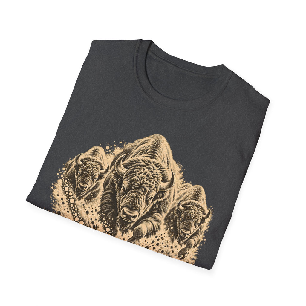 Dark charcoal crew-neck T-shirt with large tan charging bison herd graphic