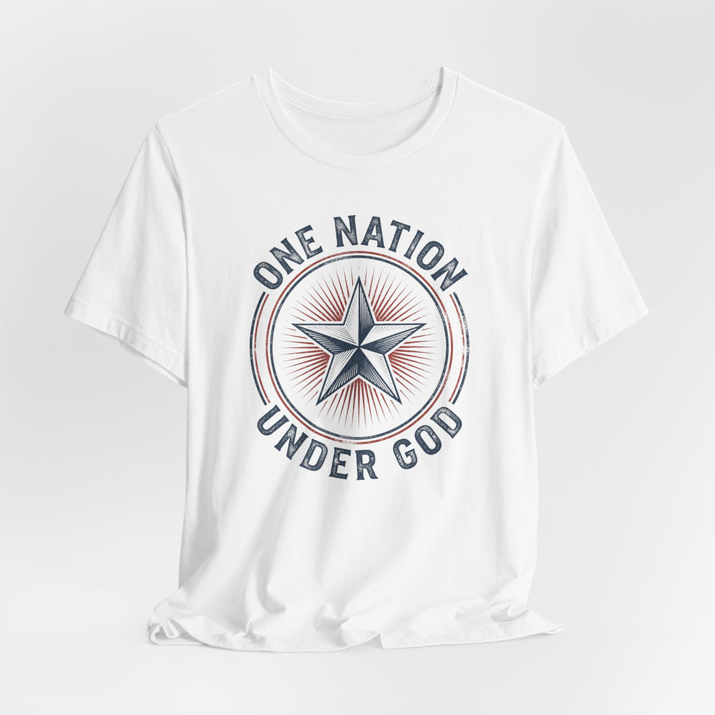 White short-sleeve T-shirt with circular star graphic reading 'ONE NATION UNDER GOD'