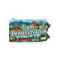 I am Pennsylvania sticker with state outline, red barn, city skyline and deer illustration