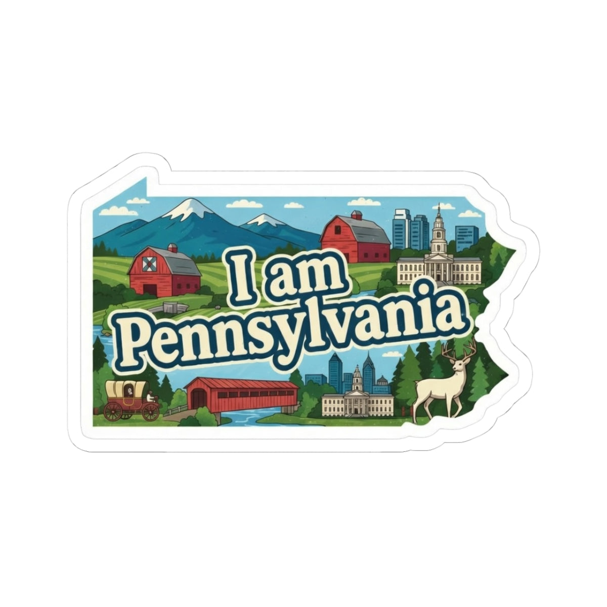 I am Pennsylvania sticker with state outline, red barn, city skyline and deer illustration