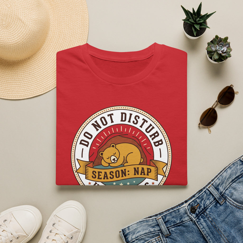 Red nap T-shirt with front 'Do Not Disturb Season: Nap' bear graphic