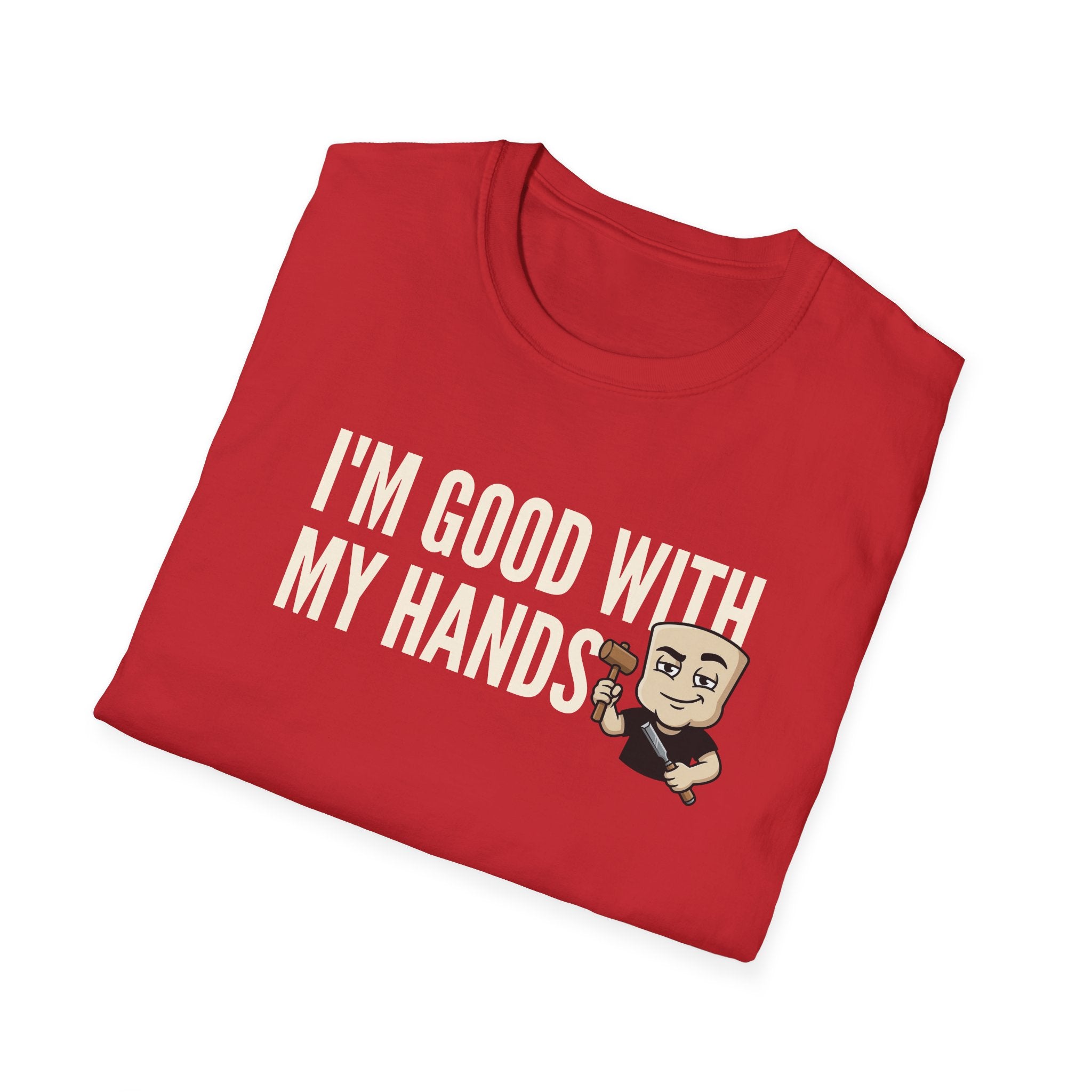 Red T-shirt with crew neck, 'I'M GOOD WITH MY HANDS' print and cartoon builder