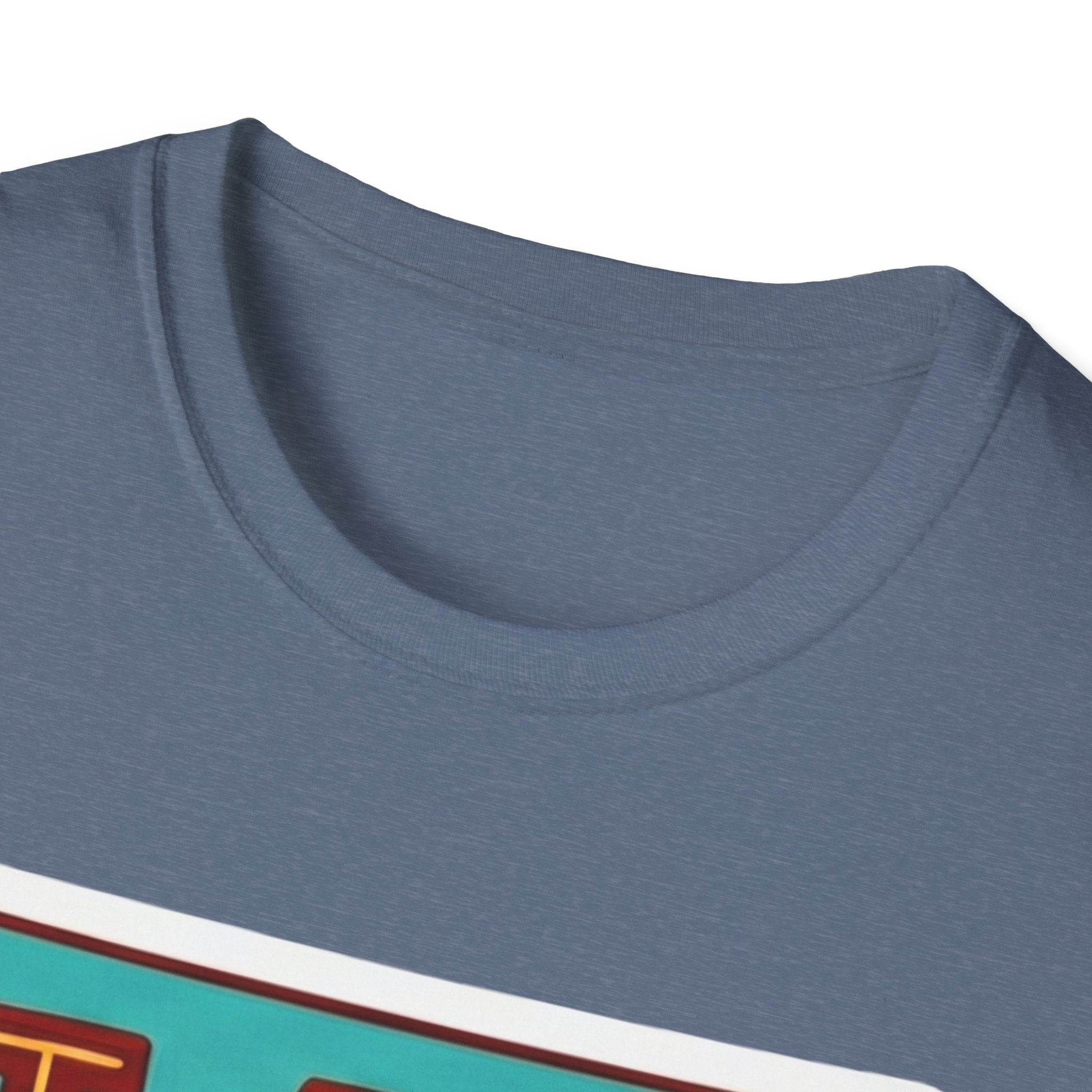 Slate blue crew-neck T-shirt close-up showing neckline seam and fabric texture