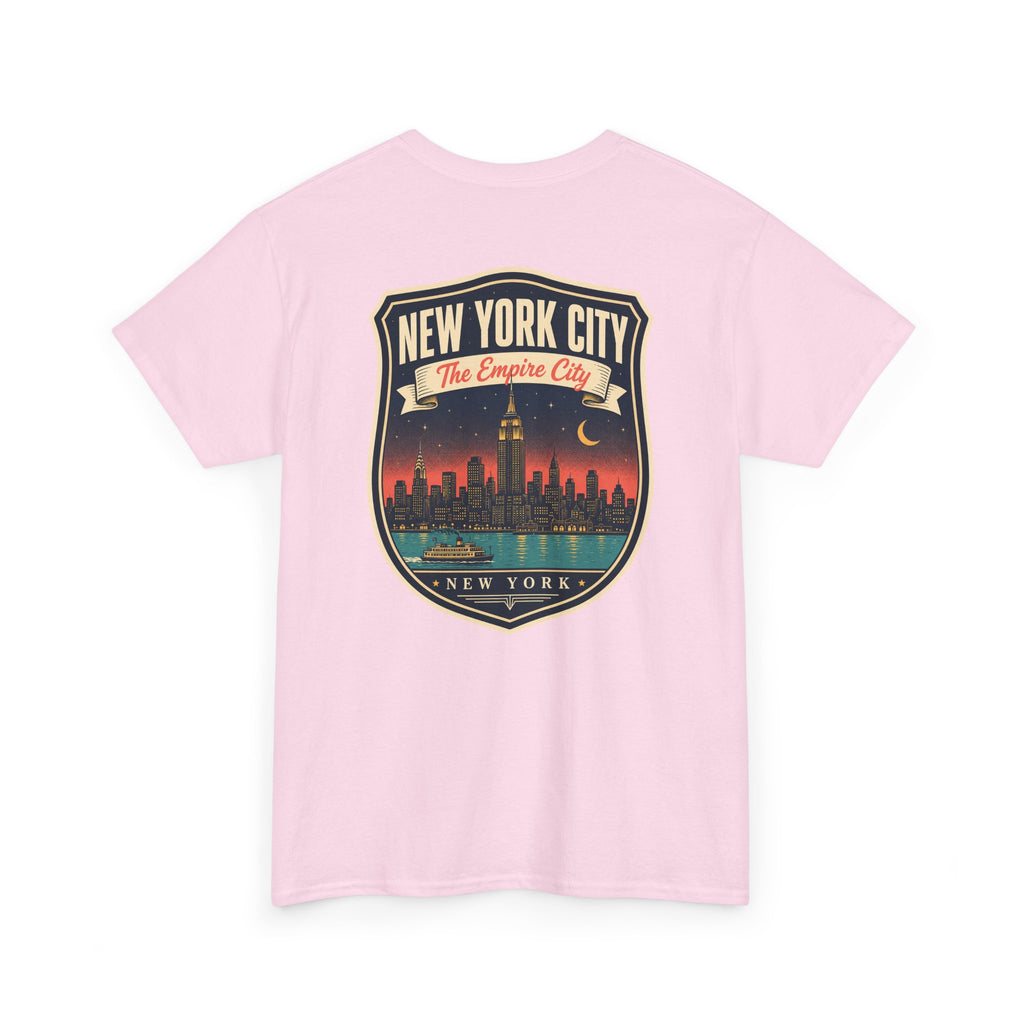Light pink T-shirt with New York City skyline badge graphic