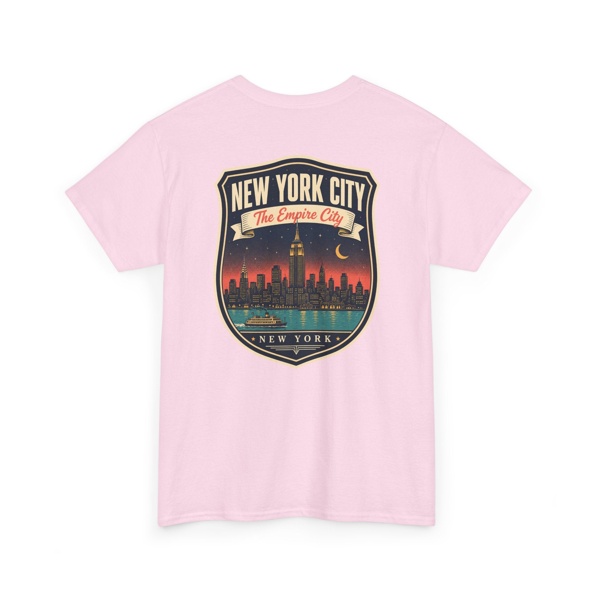 Light pink T-shirt with New York City skyline badge graphic