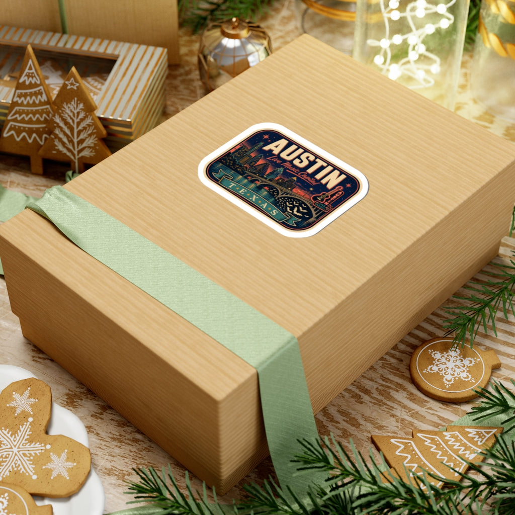 Austin luggage tag sticker on wrapped gift box, “Live Music Capital” skyline design