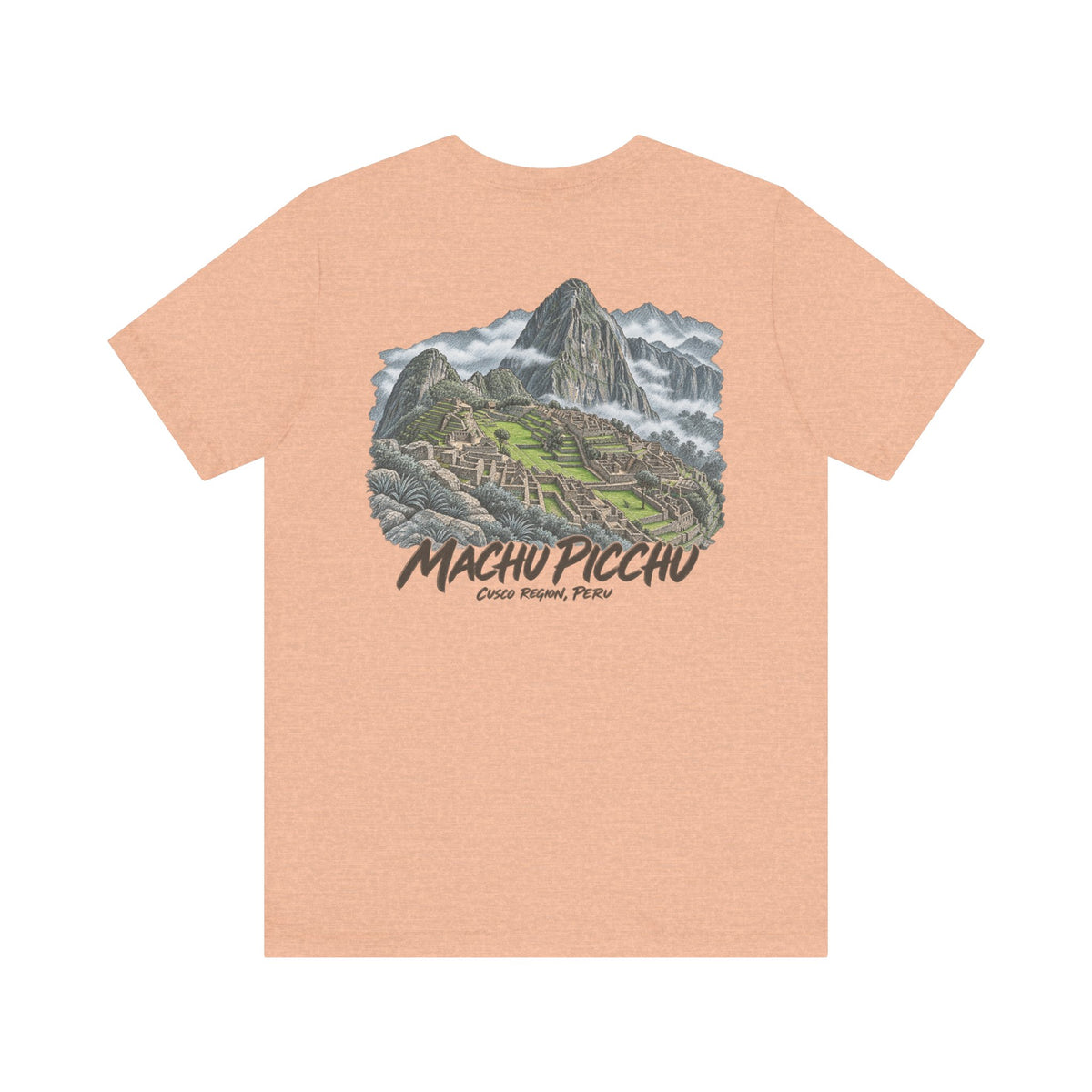 Peach Machu Picchu graphic T-shirt with mountain and terraces illustration on front