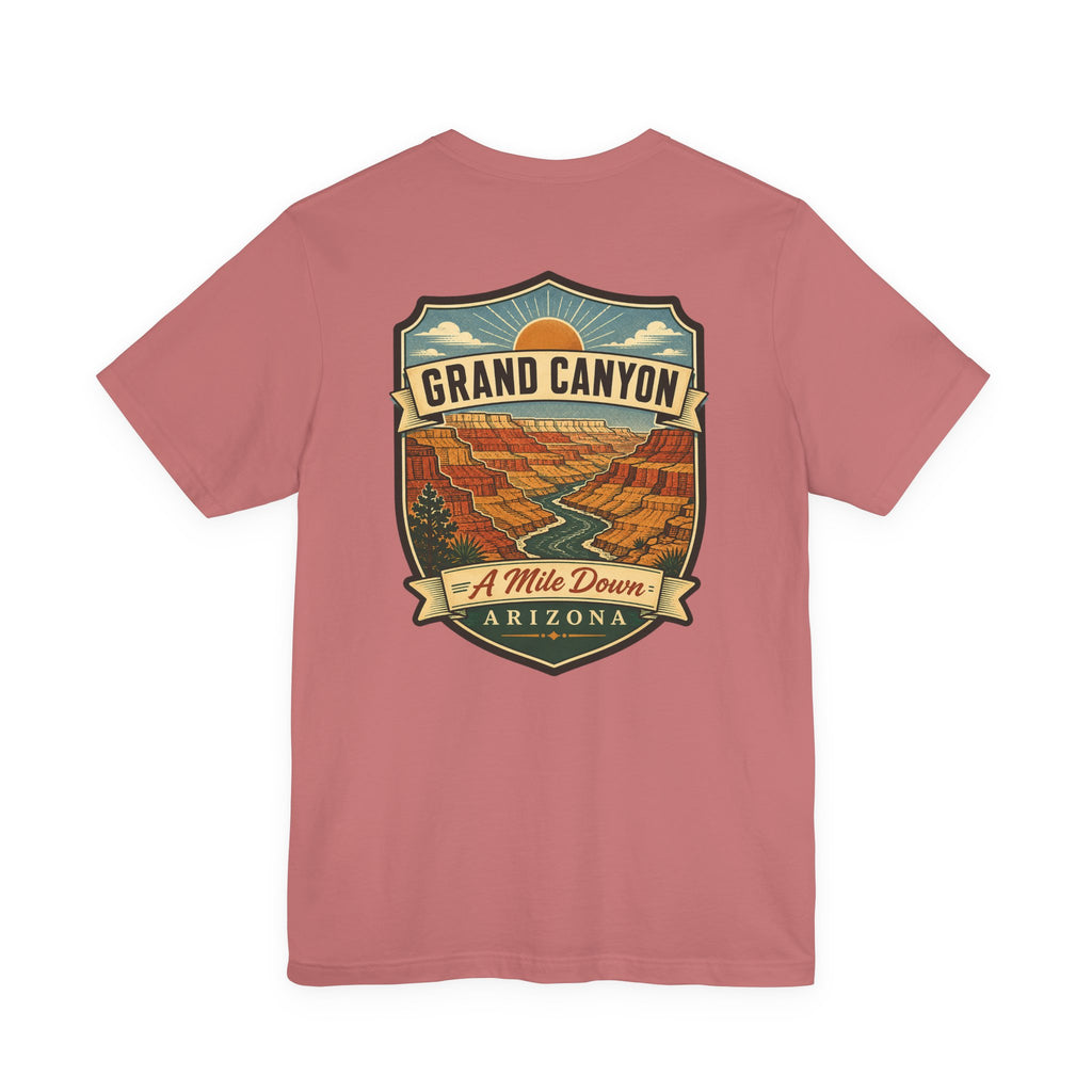 Pink crew-neck T-shirt with large Grand Canyon Arizona scenic graphic on front