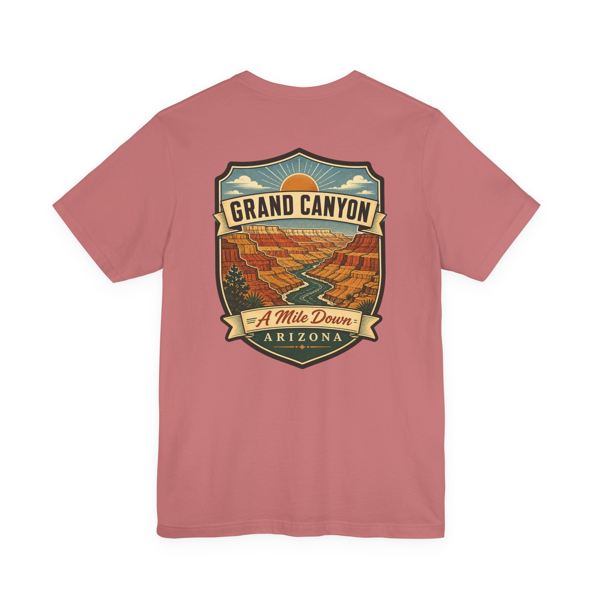 Pink crew-neck T-shirt with large Grand Canyon Arizona scenic graphic on front