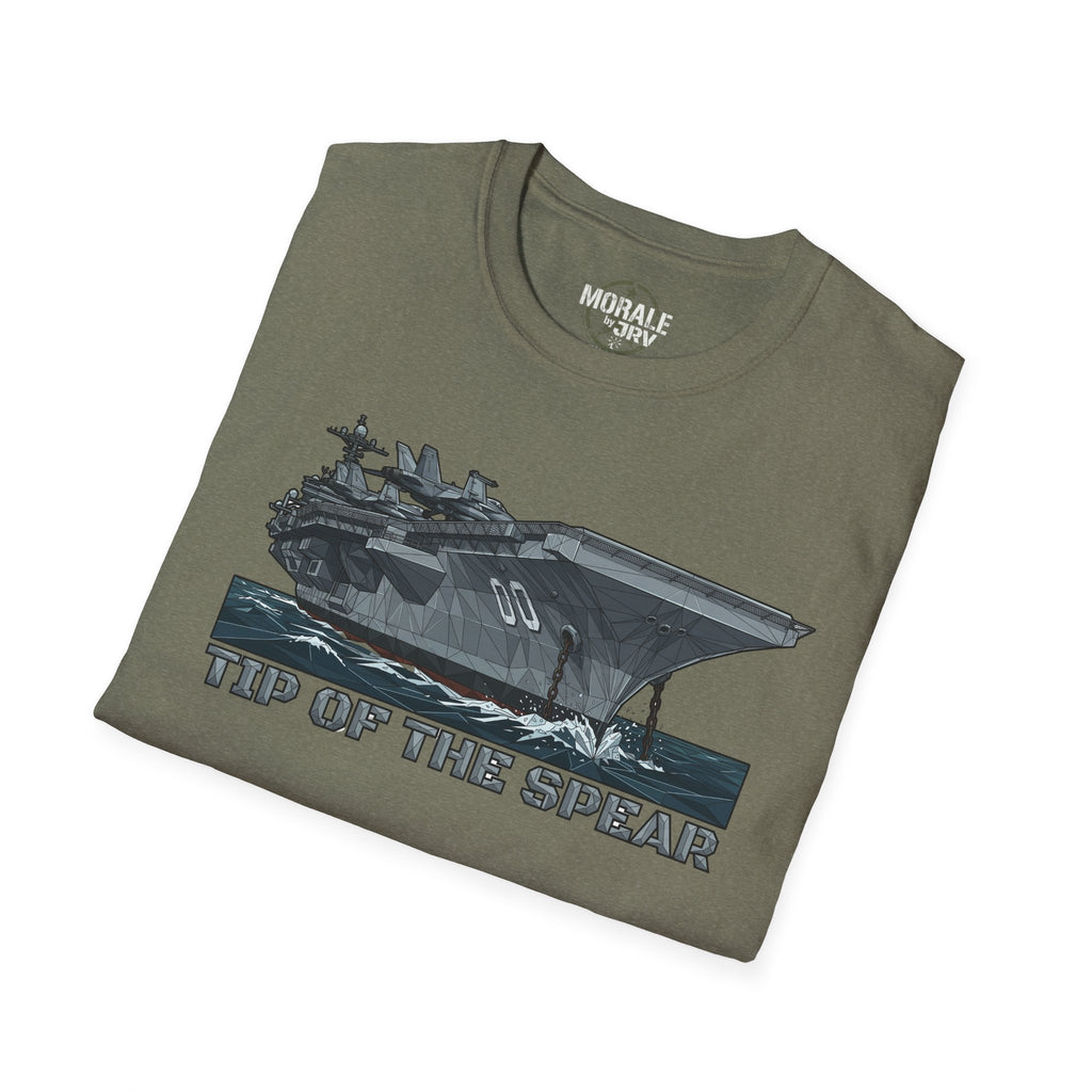 Olive T-shirt with 'Tip of the Spear' aircraft carrier graphic, crew neck
