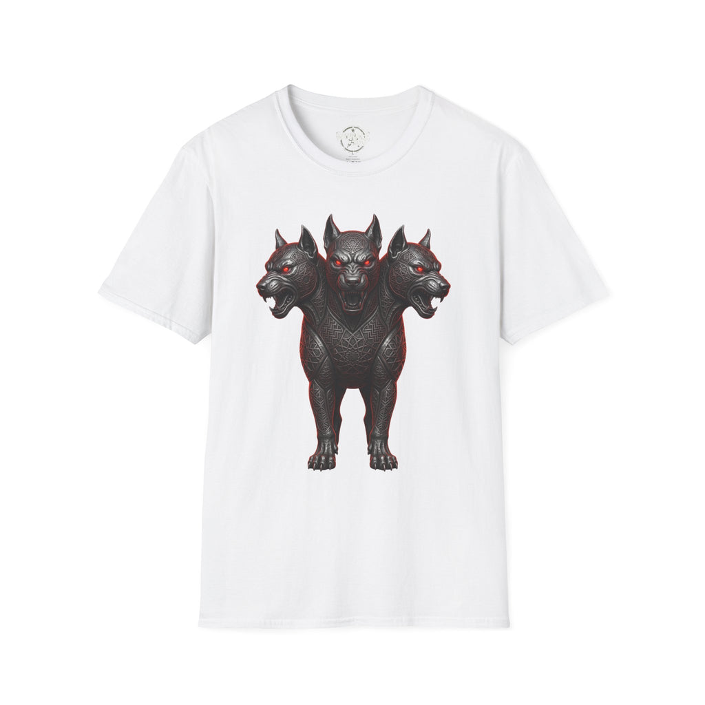 White three-headed Cerberus dog T-shirt, gothic graphic on front