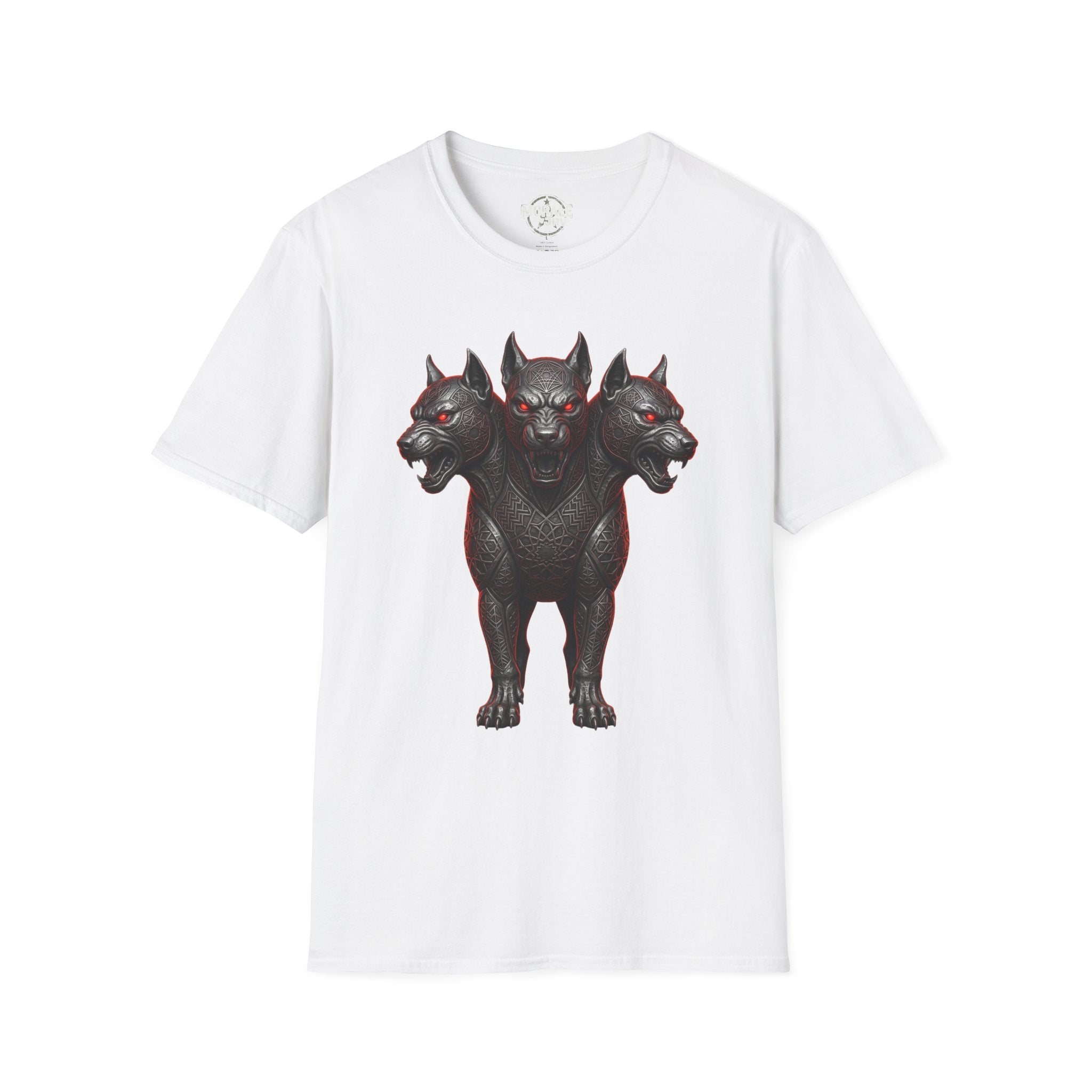 White three-headed Cerberus dog T-shirt, gothic graphic on front