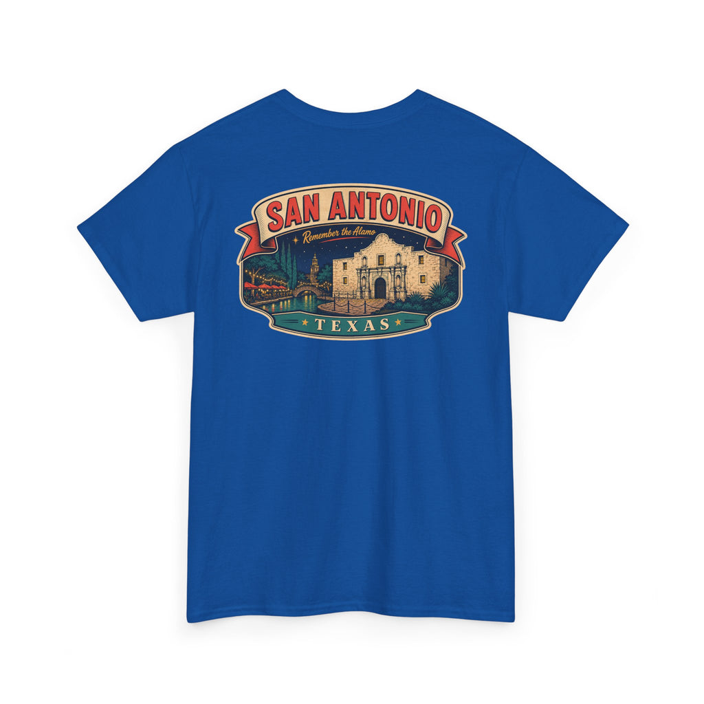 Royal blue crewneck T-shirt with San Antonio Texas city badge graphic