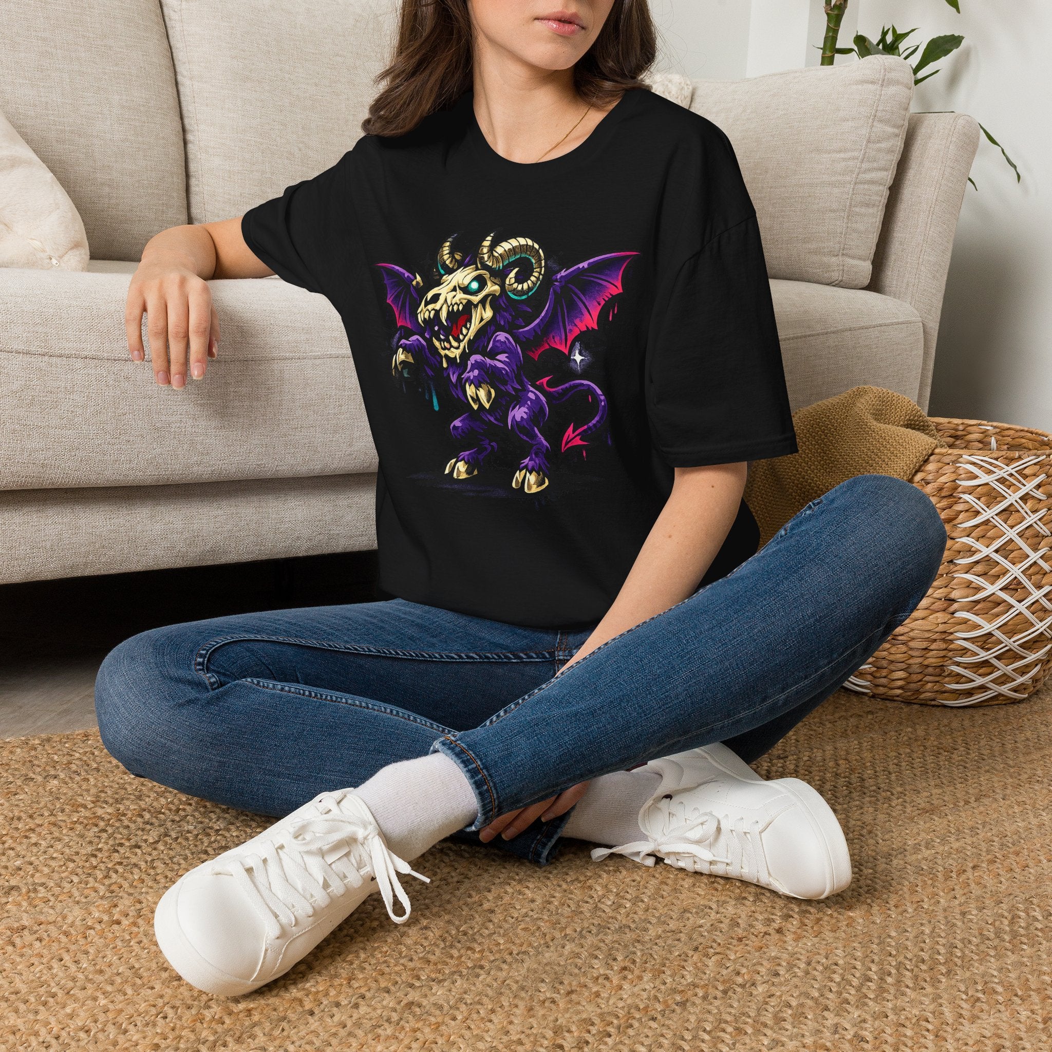 Black gothic monster t-shirt with purple bat-winged ram skull graphic on the chest
