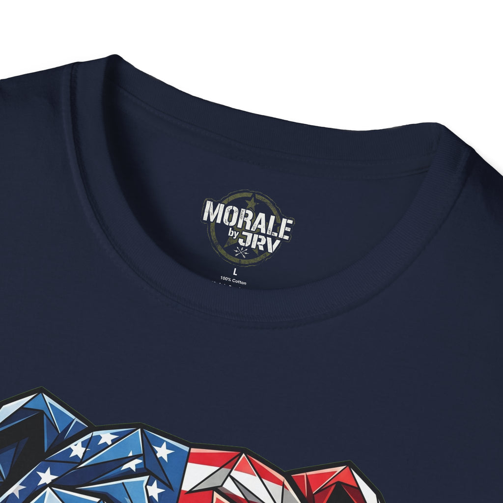 Navy T-shirt neckline label and partial patriotic bulldog graphic
