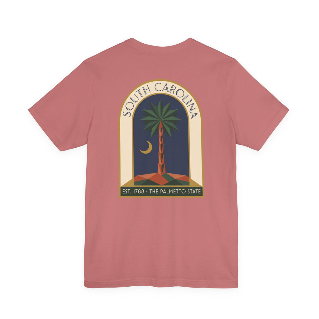Mauve T-shirt with large South Carolina palmetto window graphic on back