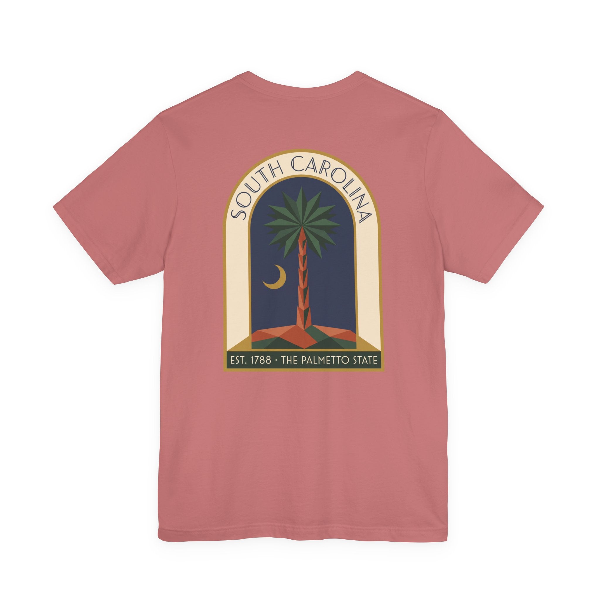 Mauve T-shirt with large South Carolina palmetto window graphic on back