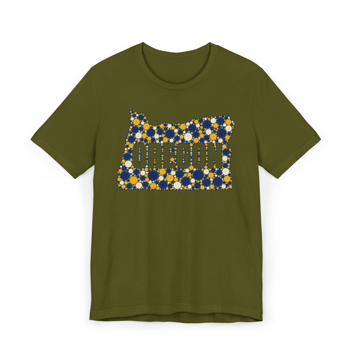 Olive green Oregon map graphic t-shirt with blue and gold polka dot lettering
