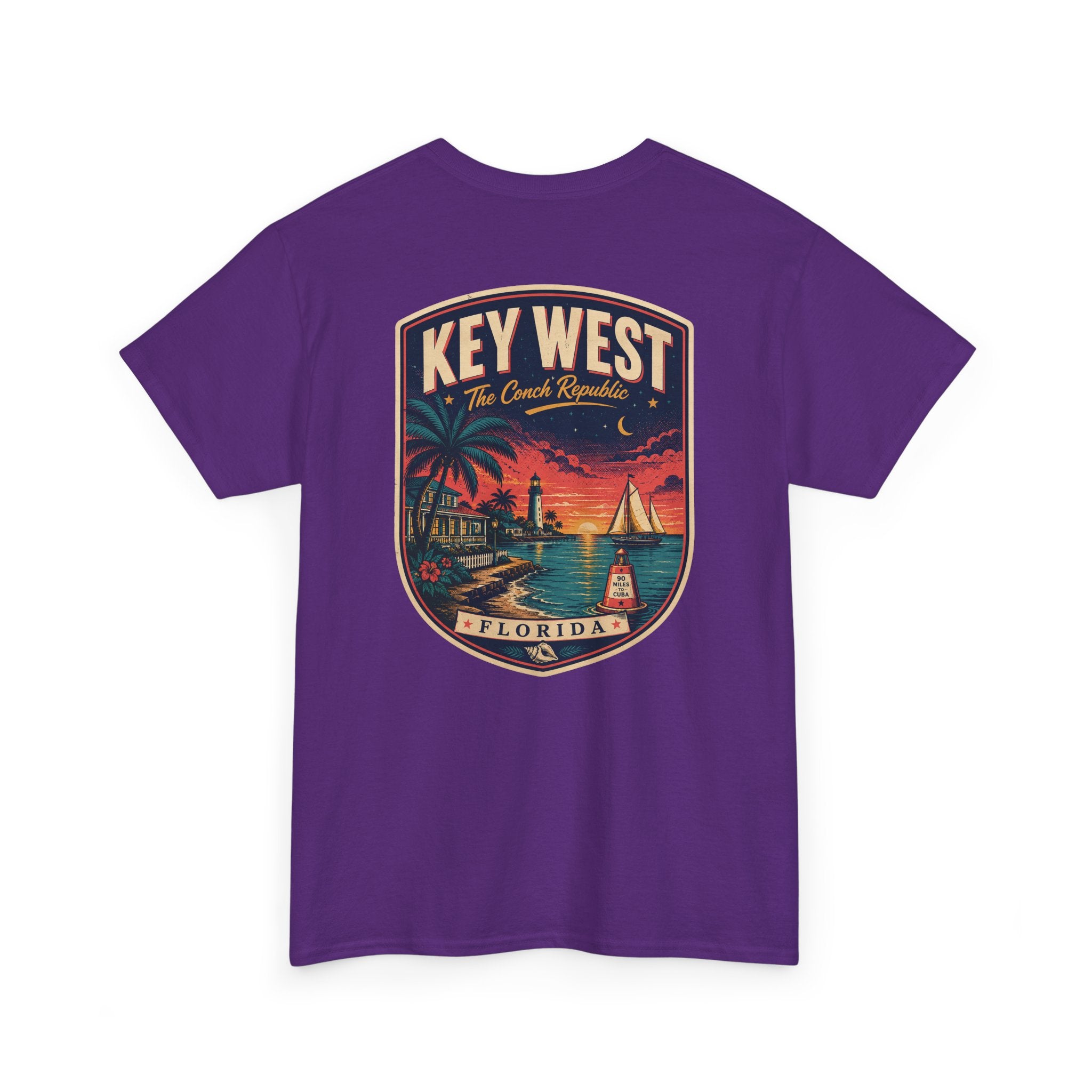 Purple crewneck T-shirt with Key West Florida badge lighthouse print.