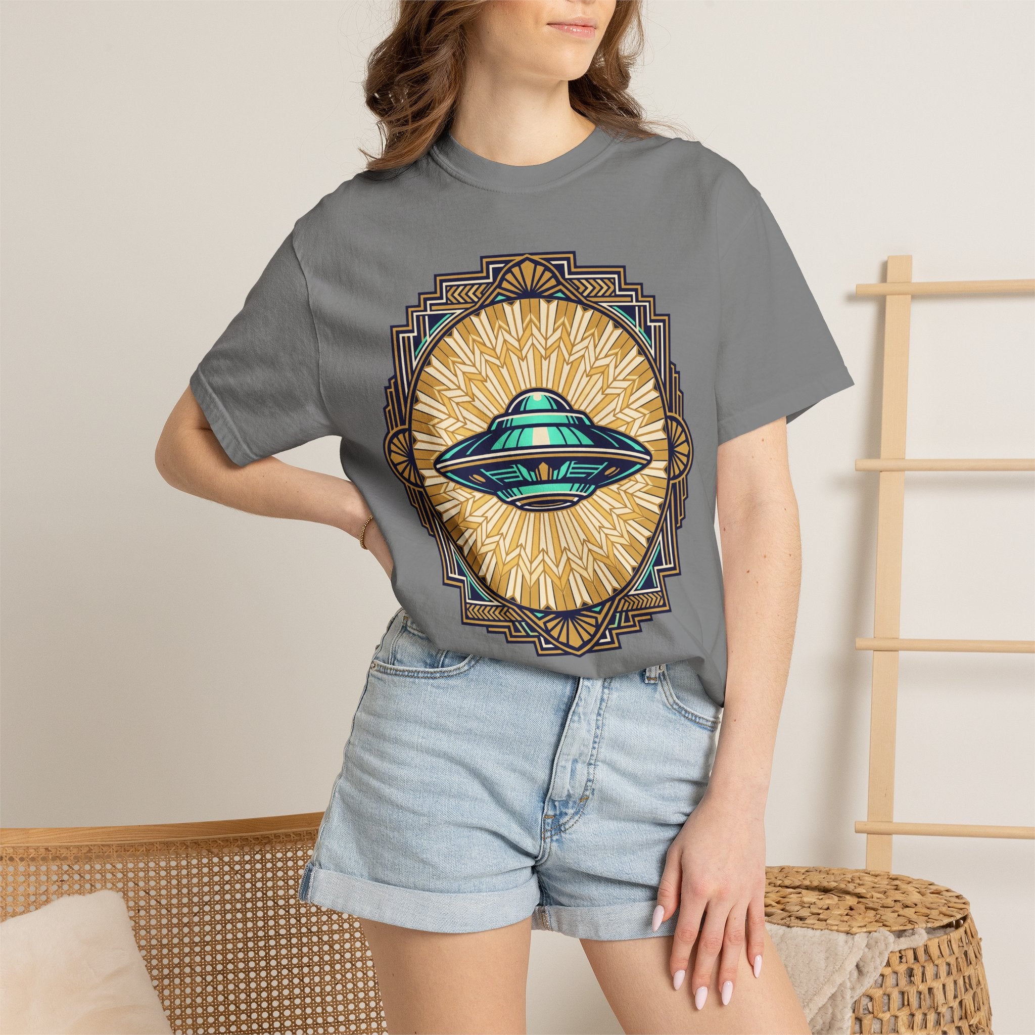 Gray crew-neck t-shirt with retro UFO graphic in blue, teal, and gold on front.