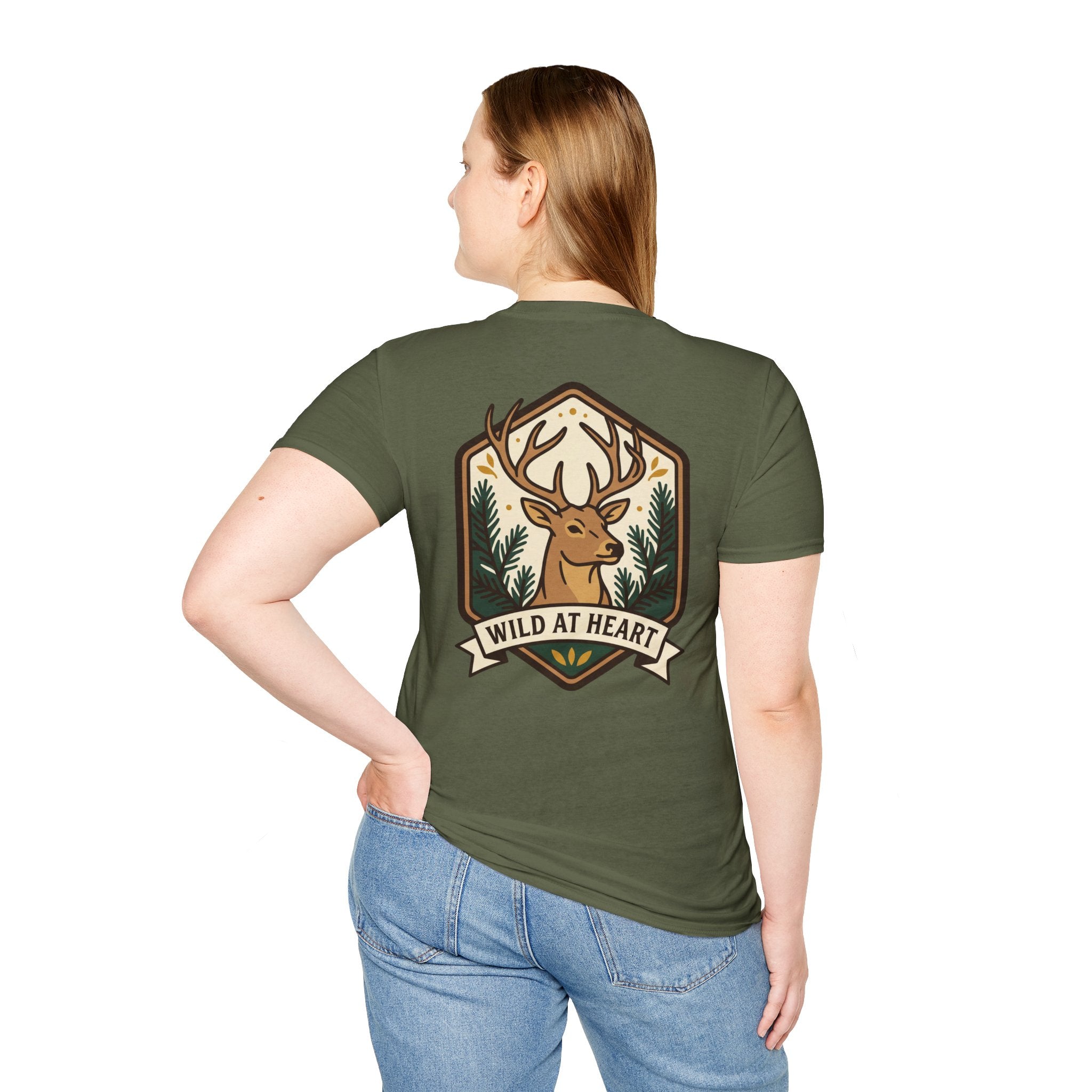 Olive deer badge back graphic T-shirt with antlers and 'WILD AT HEART' ribbon
