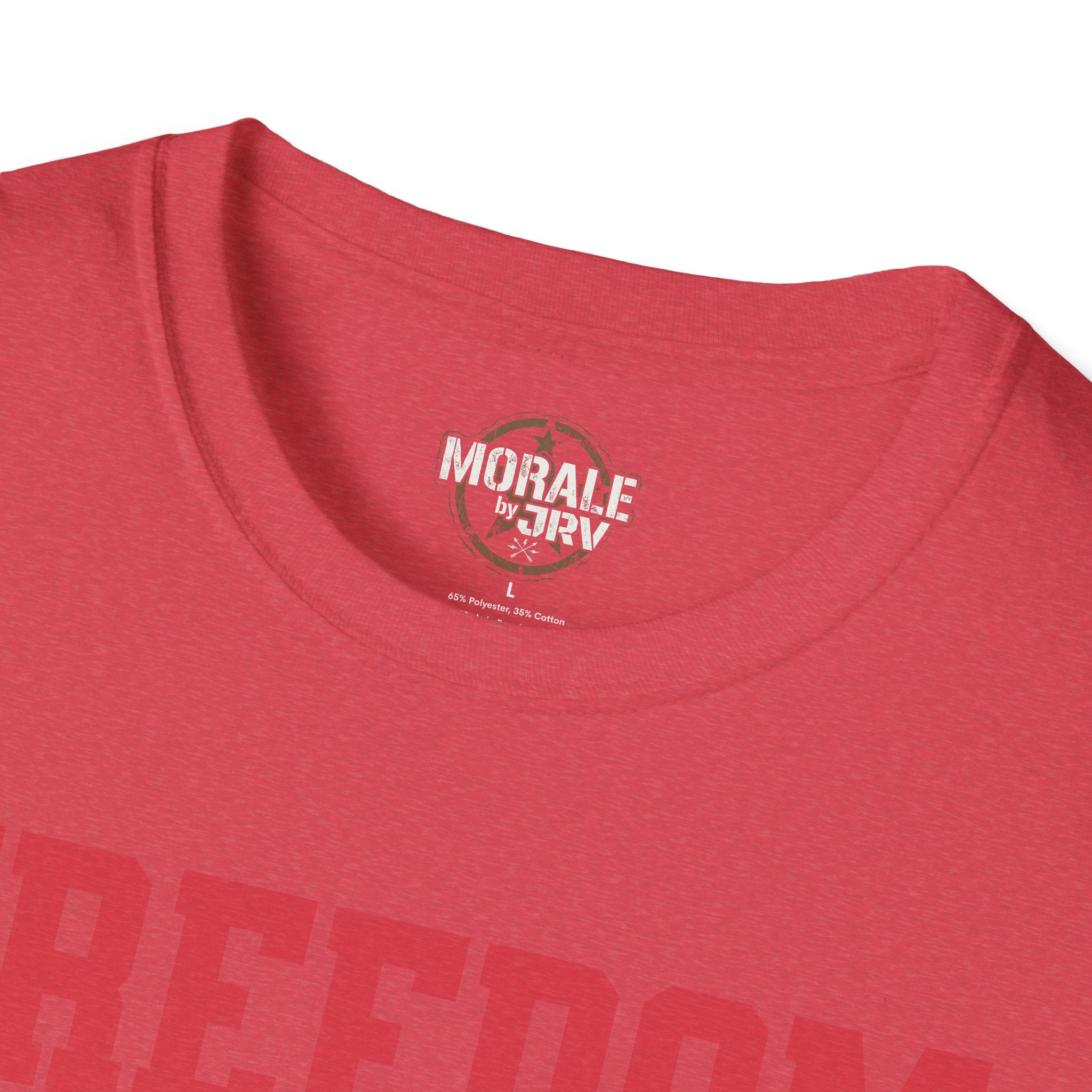 Red T-shirt neckline close-up with inner neck label