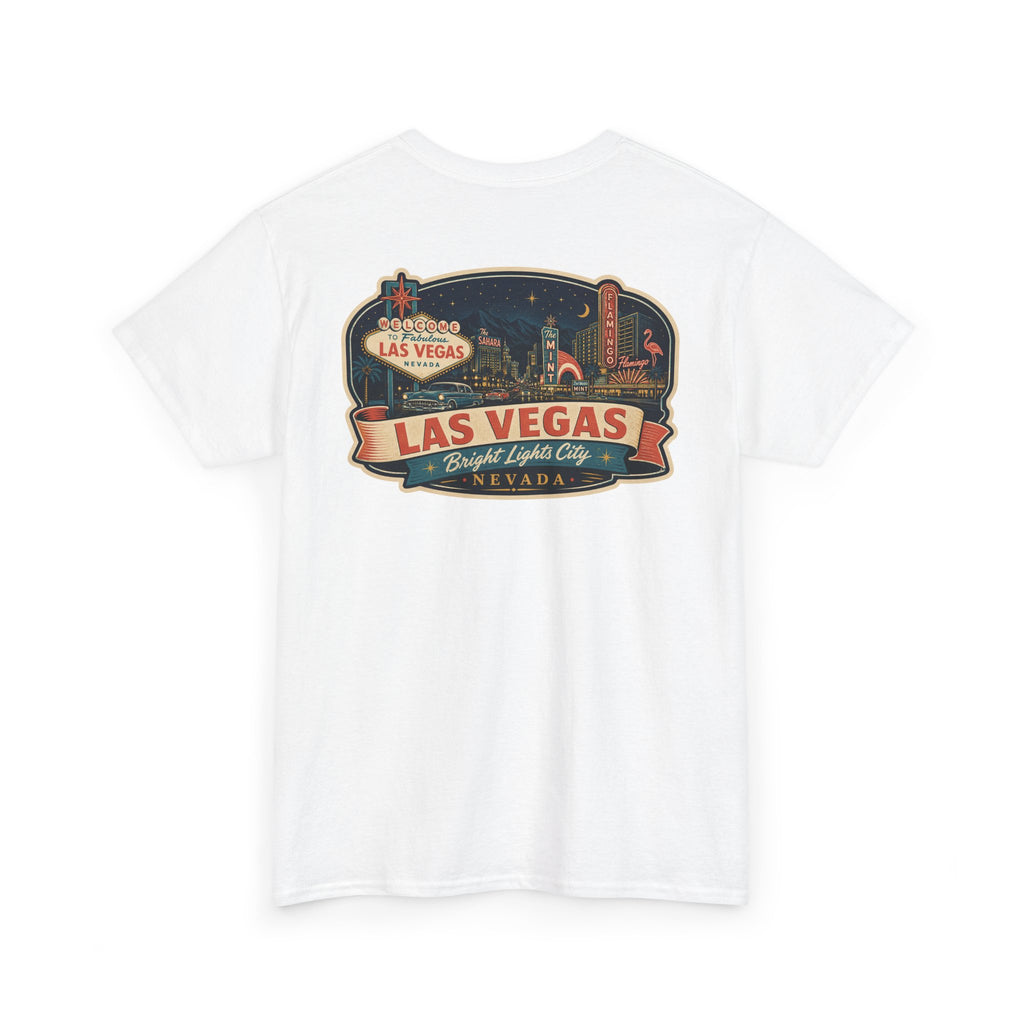 White T-shirt with Las Vegas luggage tag skyline badge graphic on the chest