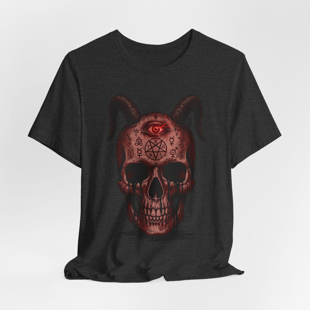 Dark grey unisex T-shirt with front demon skull graphic, horns and red glowing eye