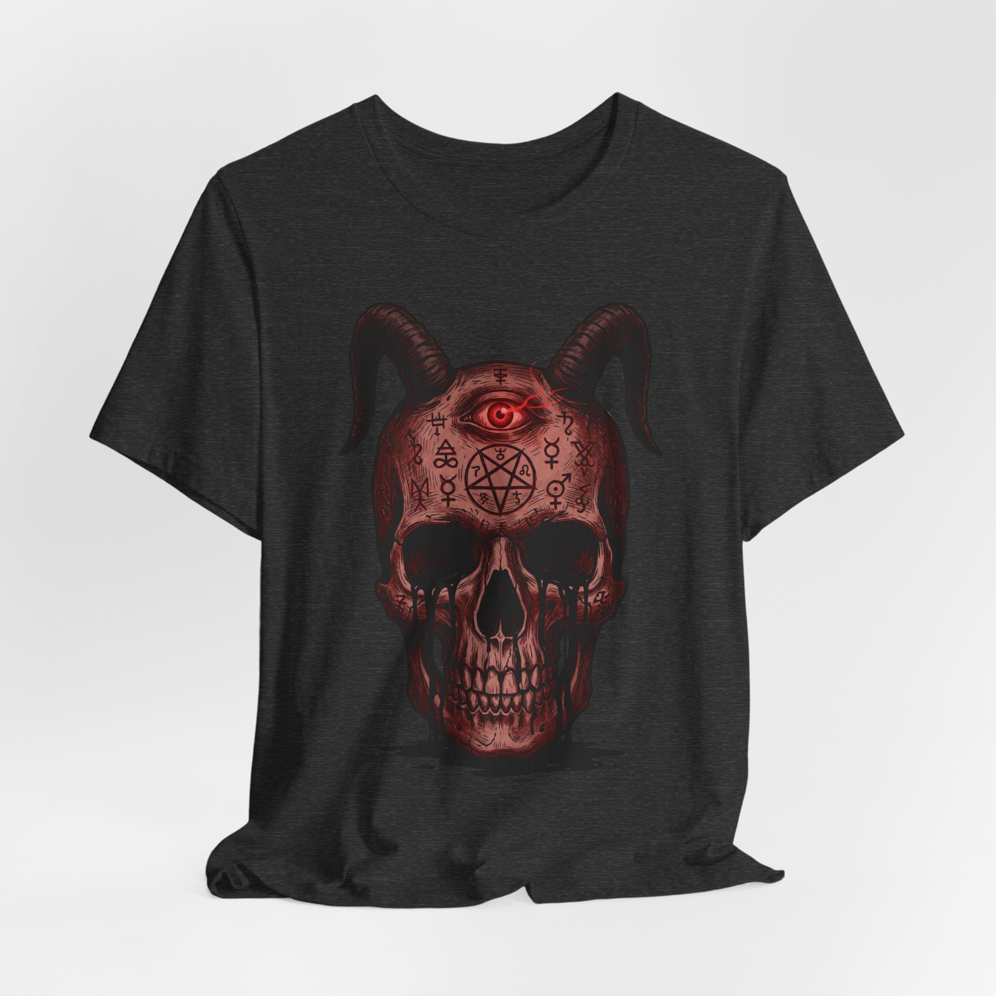 Dark grey unisex T-shirt with front demon skull graphic, horns and red glowing eye