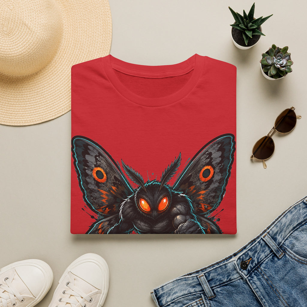 Red crewneck T-shirt with dark moth monster graphic, glowing orange eyes.