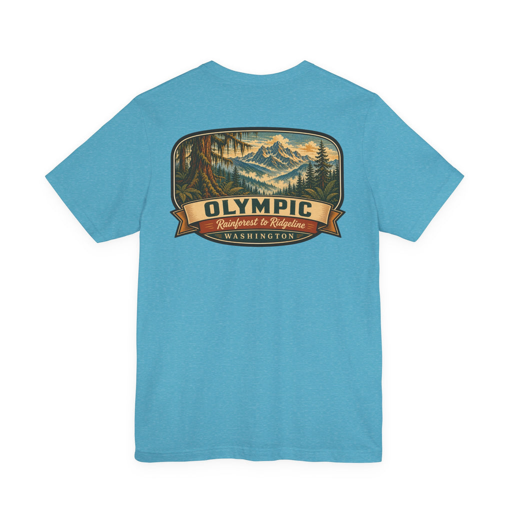 Heather aqua t-shirt with large circular mountain National Park graphic on the chest.