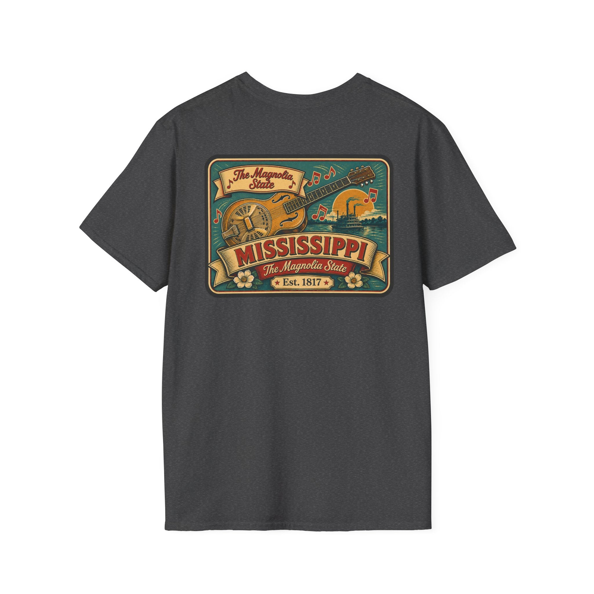 Charcoal Mississippi Riverboat T-shirt with colorful Mississippi front graphic