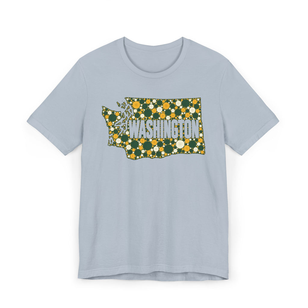 Powder blue T-shirt with dotted Washington outline floral graphic in green and gold