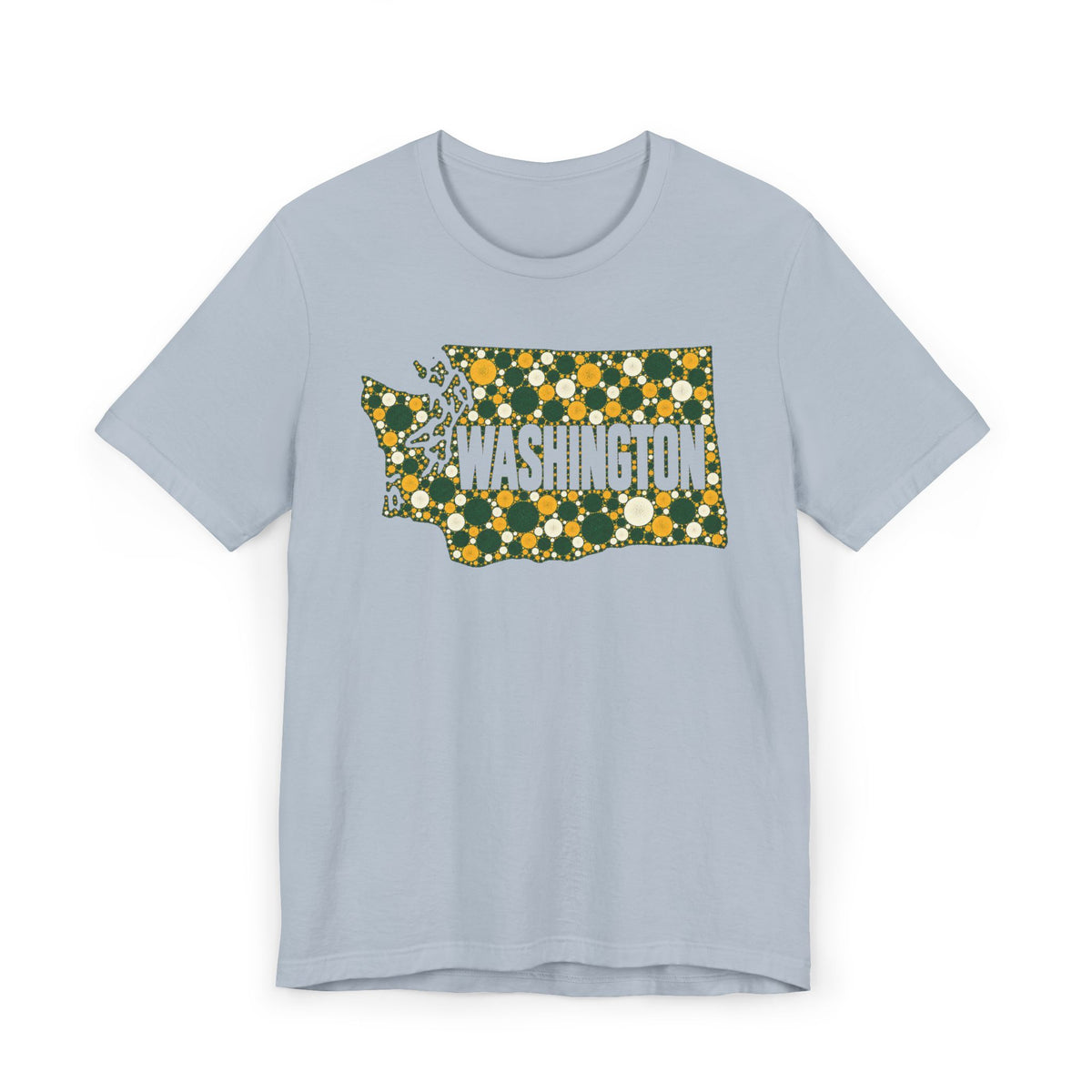 Powder blue T-shirt with dotted Washington outline floral graphic in green and gold