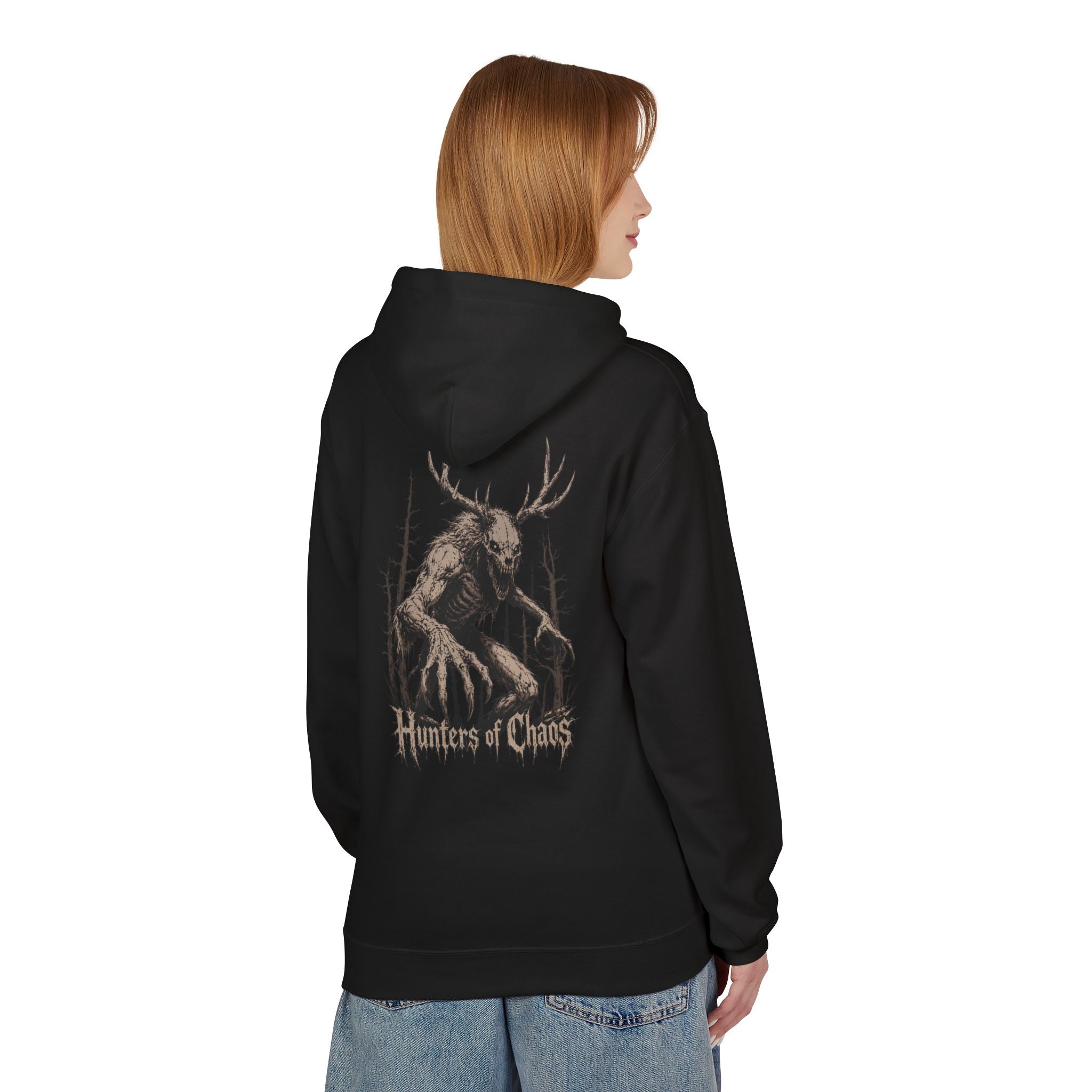 Black cotton hoodie on model, back graphic of deer with antlers and text