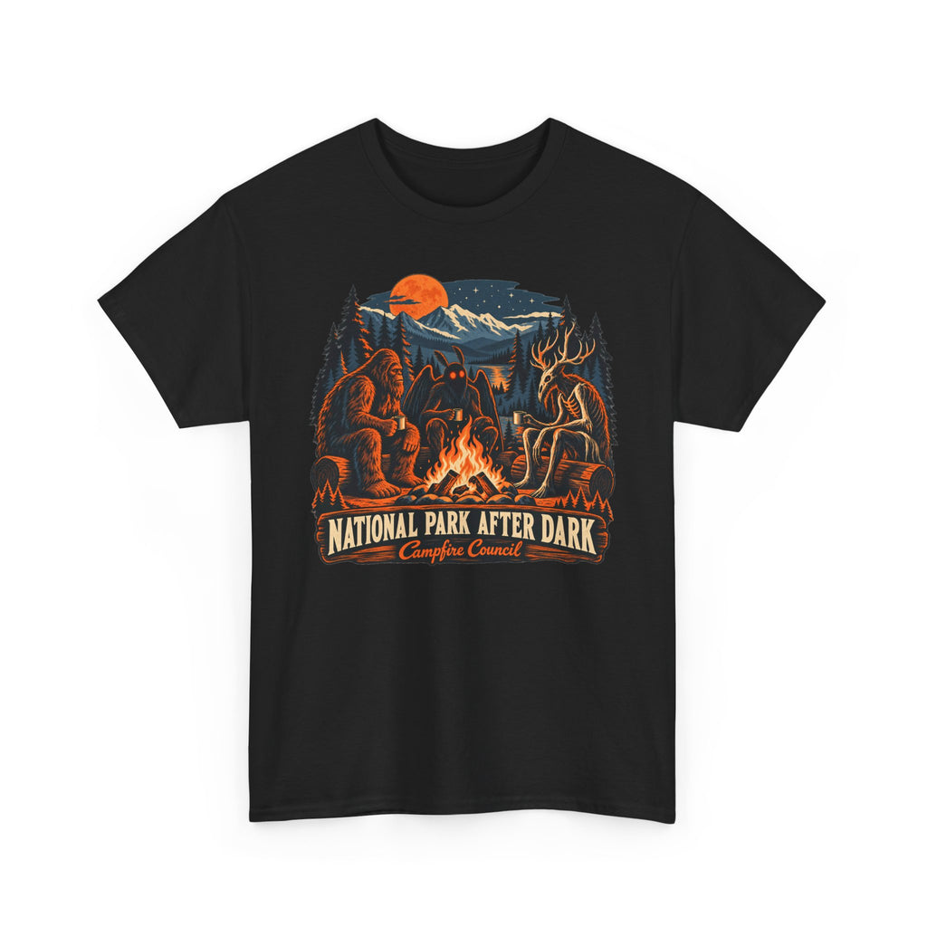 National Park After Dark Campfire Concert T-Shirt, Bear and Elk Mountain Camping Shirt for Men and Women, Hiking Gift Tee