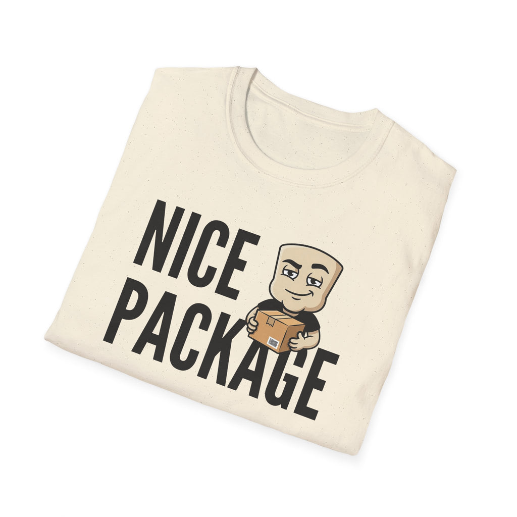 Cream T-shirt with 'NICE PACKAGE' text and cartoon delivery worker holding a box.