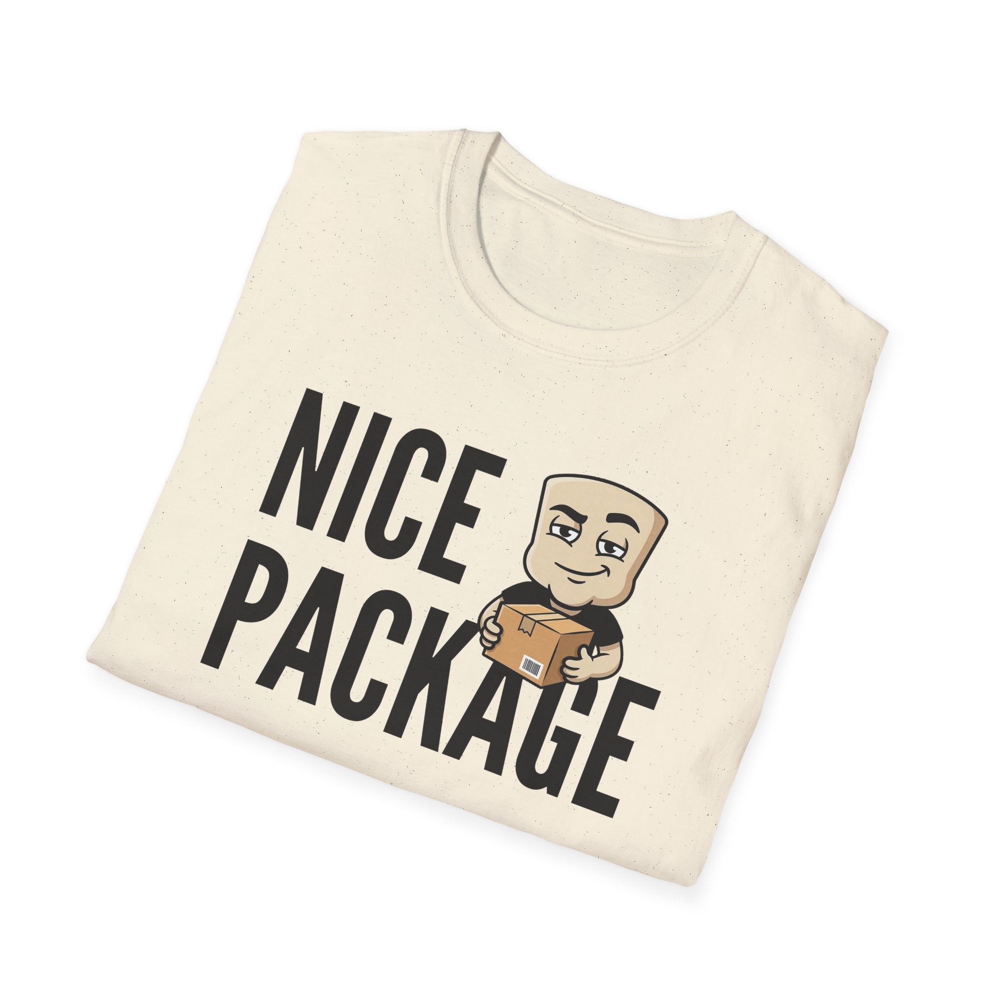 Cream T-shirt with 'NICE PACKAGE' text and cartoon delivery worker holding a box.