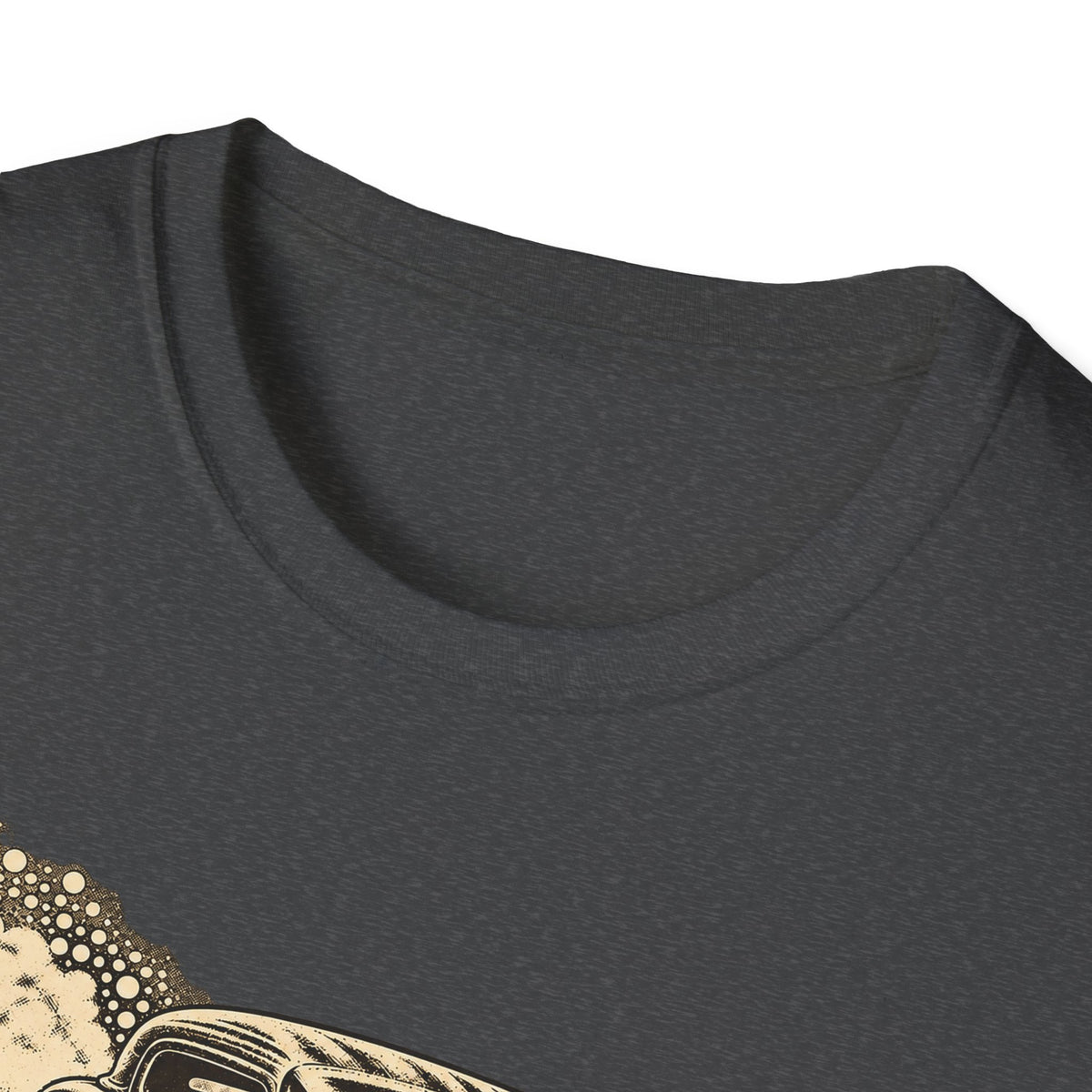 Dark gray t-shirt with partial vintage car graphic near lower left