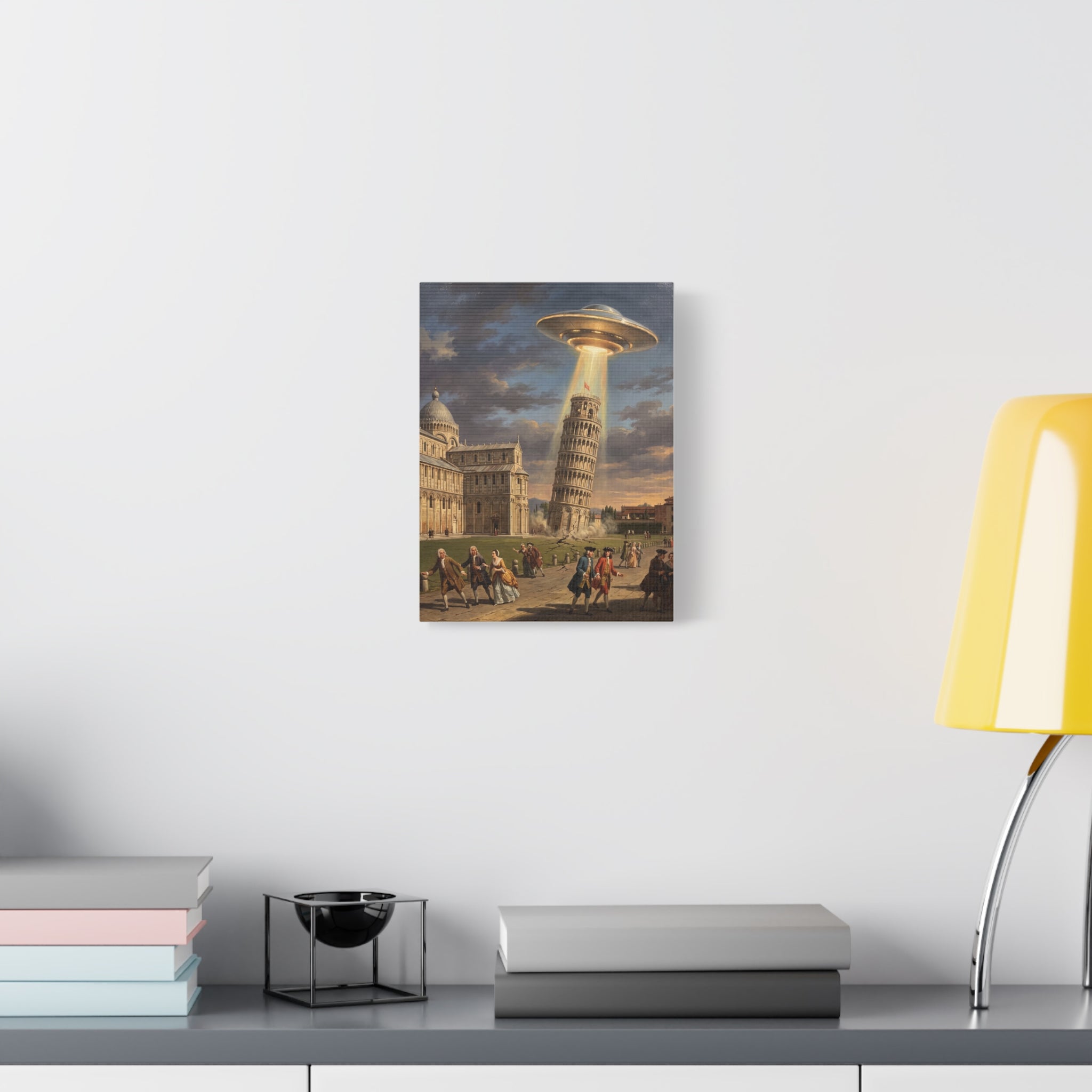 UFO-themed wall canvas print with saucer and beam over Leaning Tower and crowd