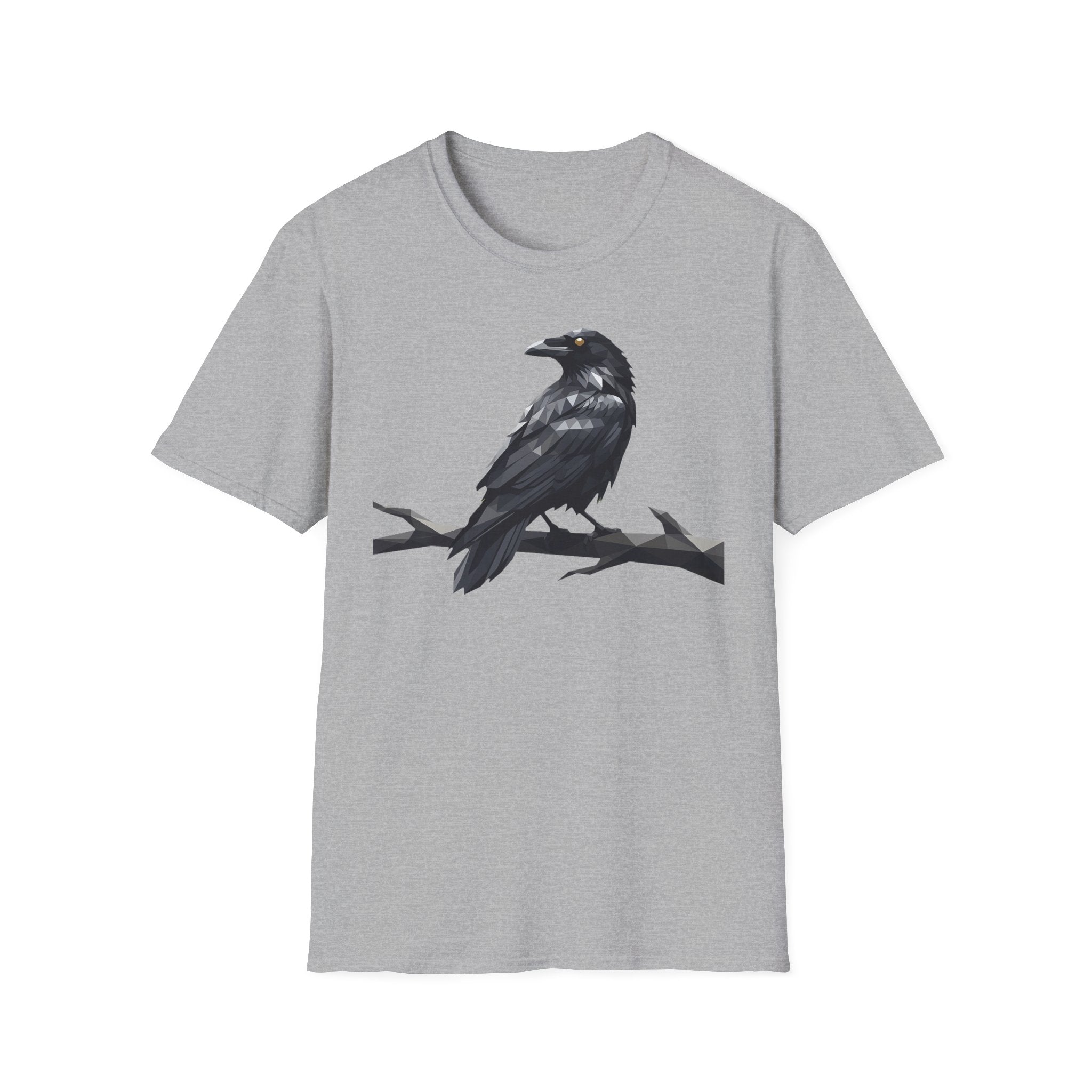 Gray crew-neck t-shirt with black raven bird graphic centered on the front