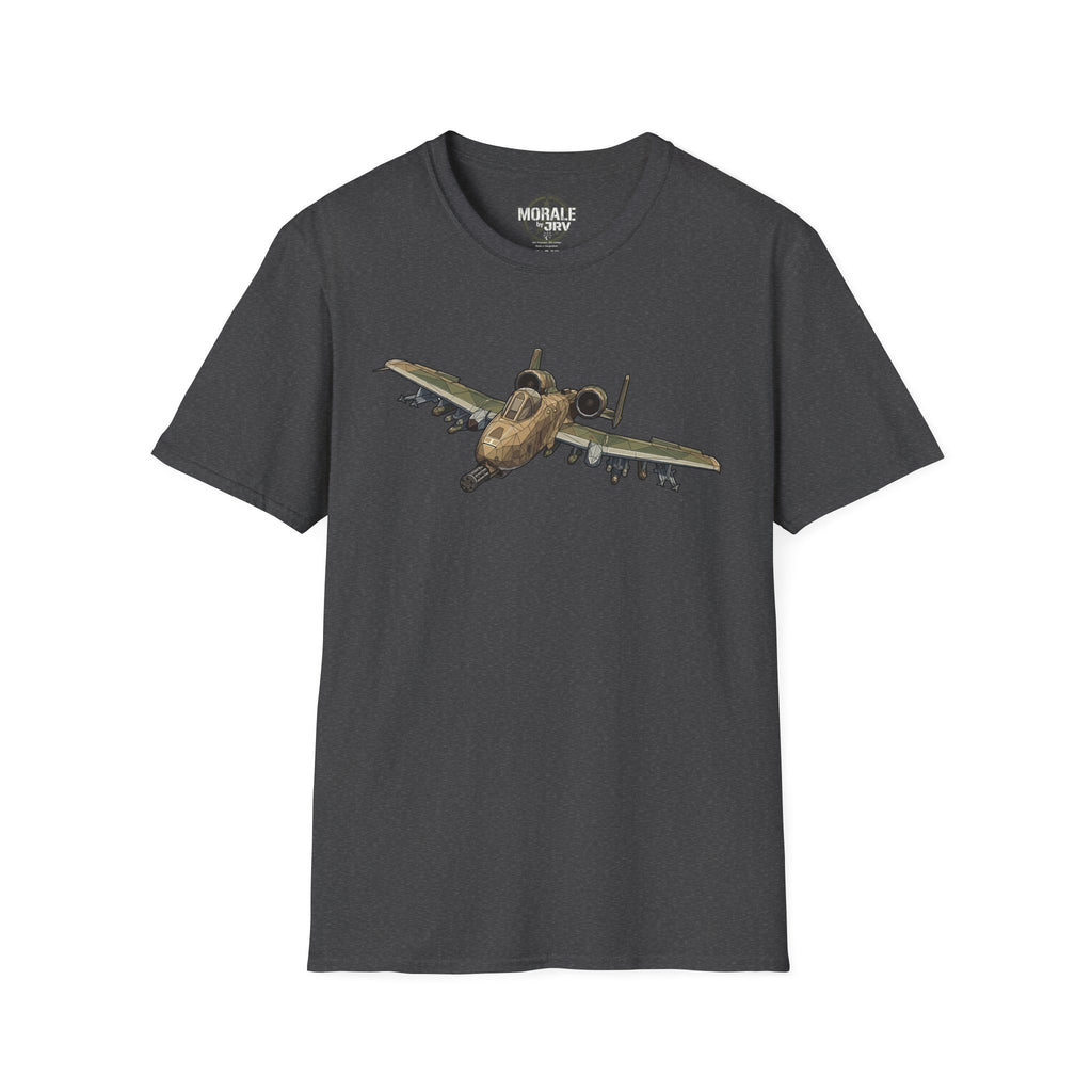 Dark heather T-shirt with A-10 Warthog aircraft graphic on the chest
