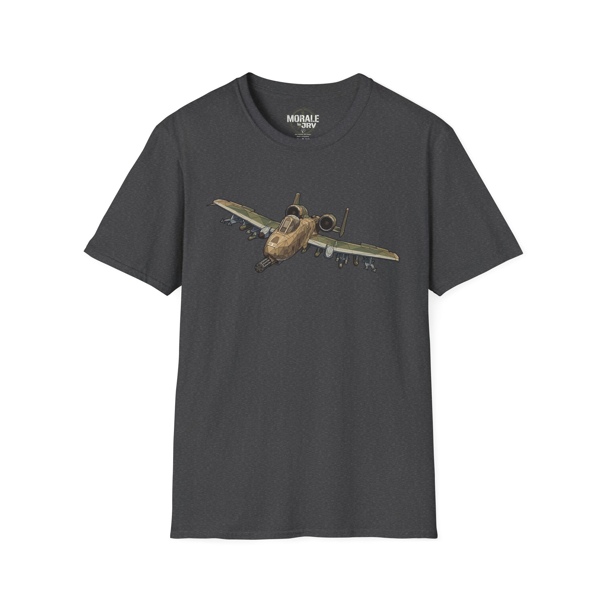 Dark heather T-shirt with A-10 Warthog aircraft graphic on the chest