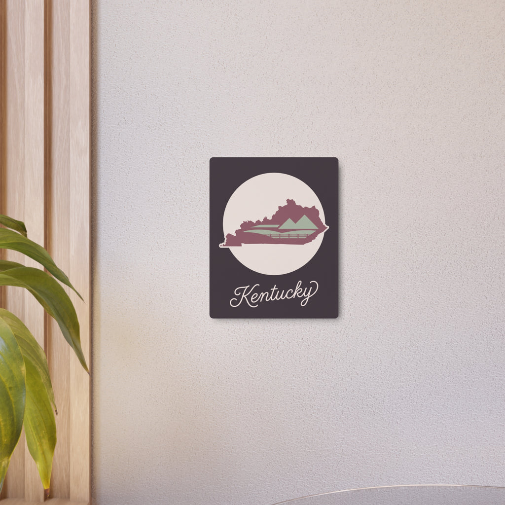 Kentucky metal wall art sign with mauve map silhouette, sage lines, and cursive "Kentucky"