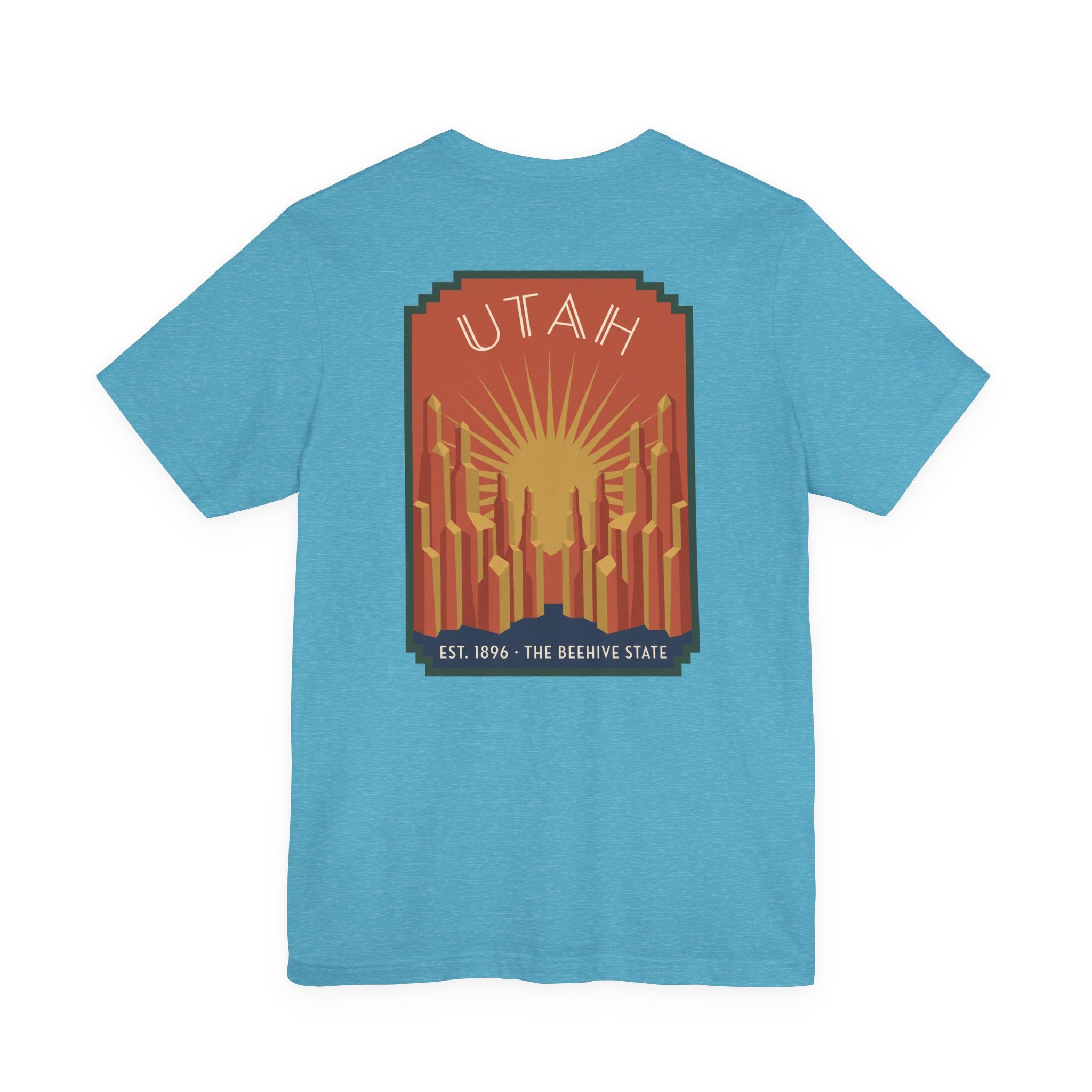 Heather aqua T-shirt with Utah sunrise art deco square graphic, UTAH text and skyline
