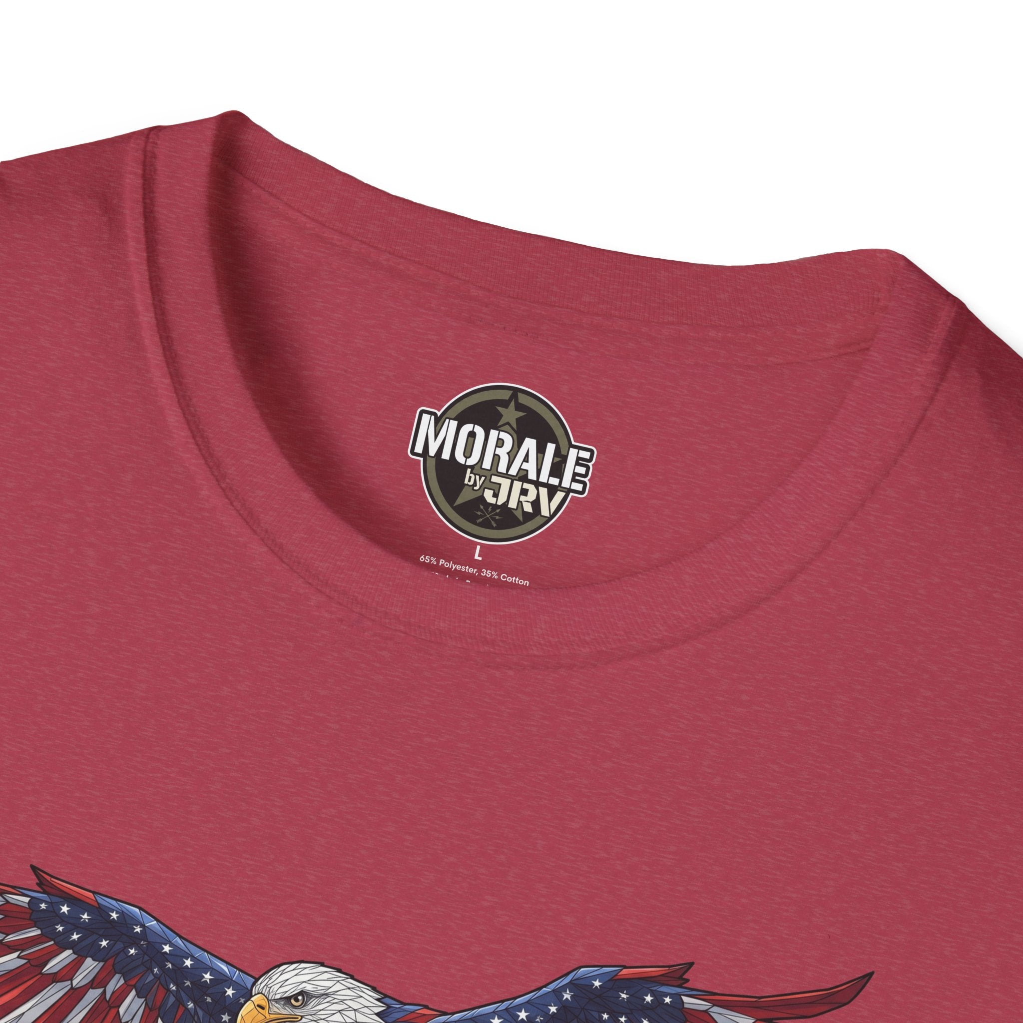 Crimson crewneck T-shirt with circular Morale by Oriv logo at the neckline